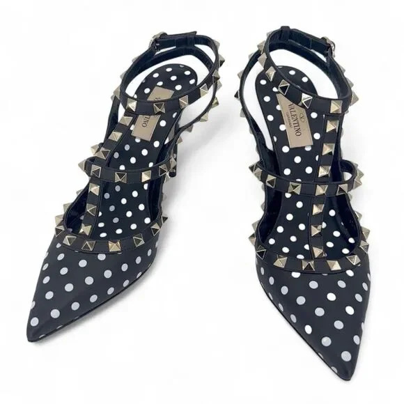 VALENTINO GARAVANI Black Ankle Strap Rockstud White Polkadot Sandals Siz… - Picture 14 of 15